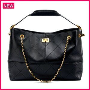 Genuine Leather Quilted Shoulder Bag, Large Capacity Tote with Gold Hardware